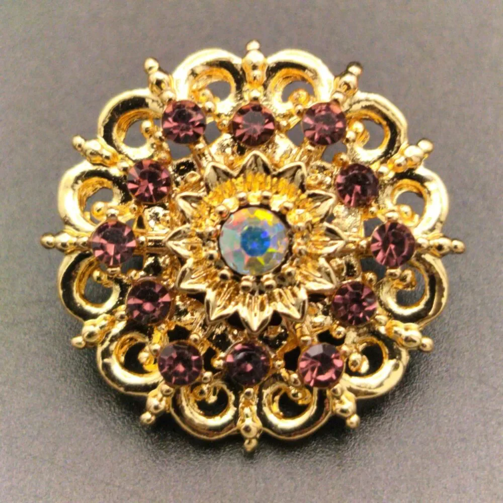 Vintage Style Gold Tone Amethyst Purple & AB Rhinestone Floral Brooch Pin